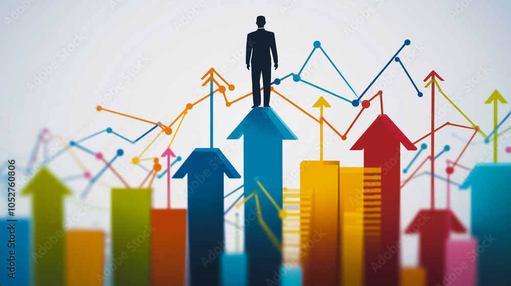 abstract business man stands on the peak of success amid tall, innovative Arrows point the way to success. and graphs with statistics to analyze business potential and predict future developments in abstract business man stands on the peak of success amid tall, innovative Arrows point the way to success. and graphs with statistics to analyze business potential and predict future developments in