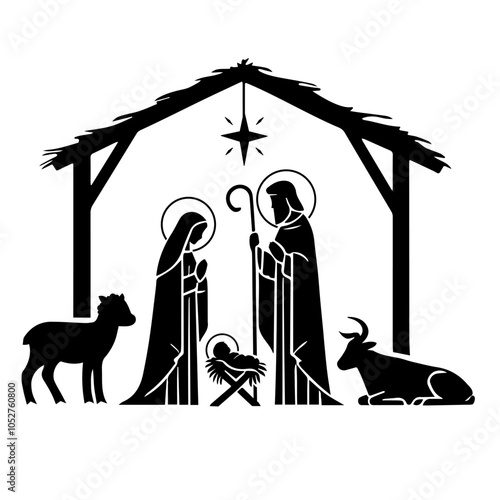 baby Jesus in the manger with Mary and Joseph vector black silhouette Christmas