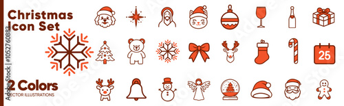 Christmas Holidays: Set of Red Icons in Two Colors Including Santa Claus, Snowman, Christmas Tree, Reindeer, Decorations, and Gifts
