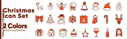 Red Icons in Two Colors: Set for Christmas Holidays with Santa Claus, Snowman, Christmas Tree, Reindeer, Decorations, and Gifts
