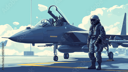 Military Pilot in a Helmet Standing Next to a Fighter Jet Cartoon Illustration Aviation Pilot Uniform Aircraft Jet Fighter Aviation Gear Heroic Stance Professional Attire Air Force