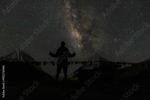 Landscape with Milky Way. Night sky with stars and silhouette of a standing happy man on the mountain at chandrataal camp in spiti valley and lahaul himachal pradesh, India photo