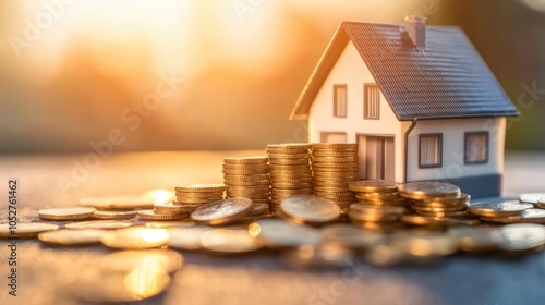 Wallpaper Mural Hyperrealistic photo of a neat pile of coins beside a model house, symbolizing financial investment growth. The bright, well-lit styling adds a high-end magazine appeal, captured in crisp 32k Torontodigital.ca