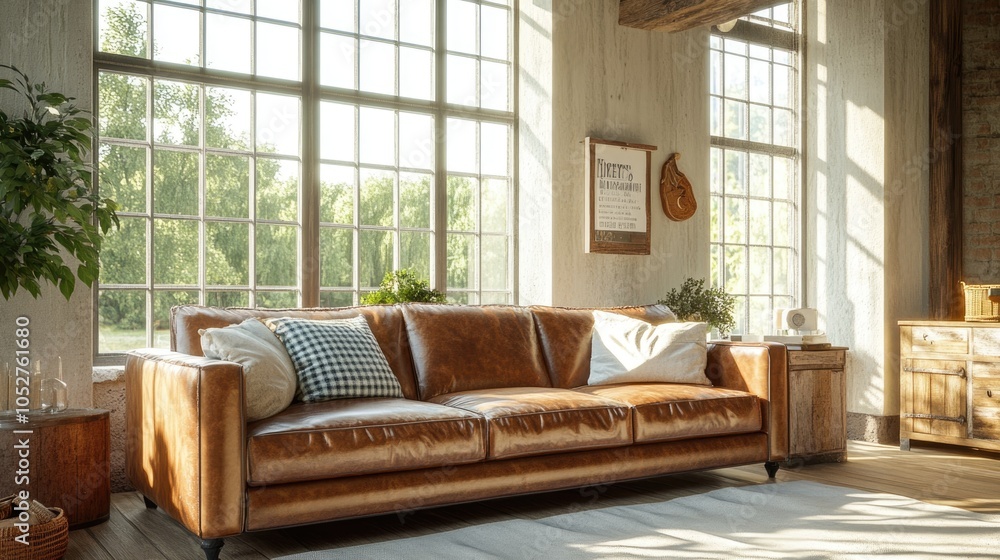 Fototapeta premium Hyperrealistic photo of a vintage leather sofa in a sunlit living room with rustic accents and large windows. The bright, cozy atmosphere is captured with high-end magazine styling, in ultra-sharp
