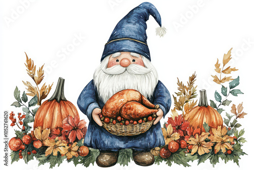 A whimsical gnome in a blue hat holds a turkey, surrounded by autumn leaves and pumpkins, embodying festive fall spirit. photo