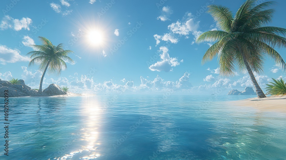 Tropical Paradise with Palm Trees, Sandy Beach, and Sparkling Water Tropical Paradise with Palm Trees, Sandy Beach, and Sparkling Water
