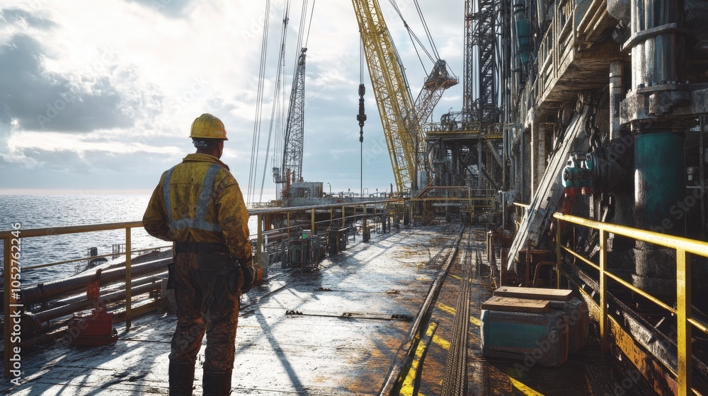 Naklejka premium Hyperrealistic photo of: Oil worker on deck, looking toward the horizon while surrounded by cranes and drilling equipment. The professional-grade image, taken with a 32k camera, showcases sharp