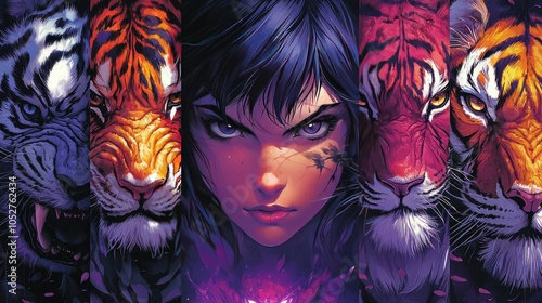Fierce Woman Surrounded By Tigers