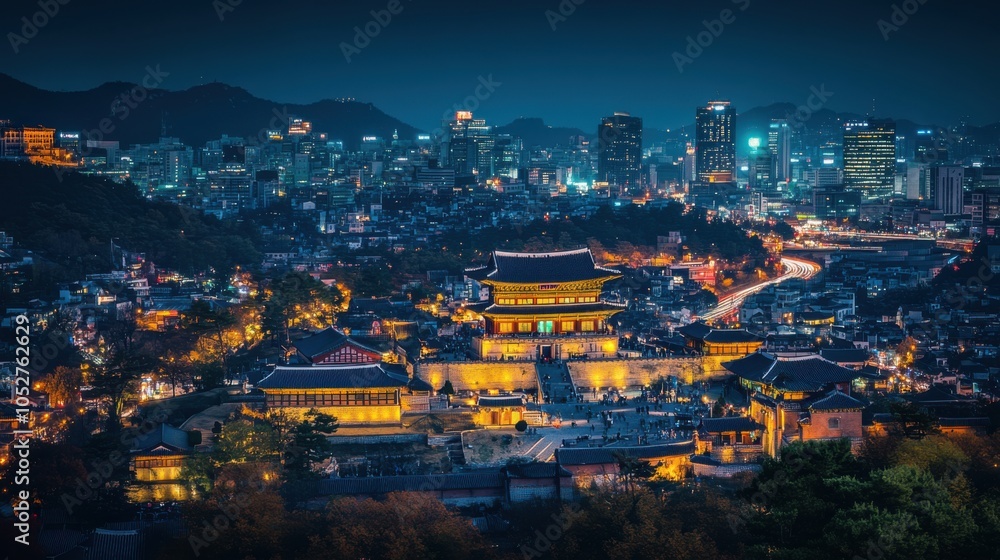 Obraz premium A vibrant night scene in the heart of Seoul, showcasing its mix of traditional palaces