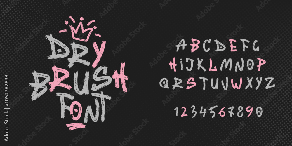 Fototapeta premium Hand drawn dry brush font. Youthful street style marker graffiti alphabet. Vector typographic design, halftone texture background