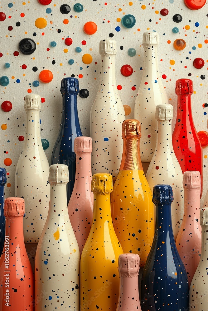 Colorful bottles with vibrant paint splatters arranged artfully against a playful backdrop. Colorful bottles with vibrant paint splatters arranged artfully against a playful backdrop.