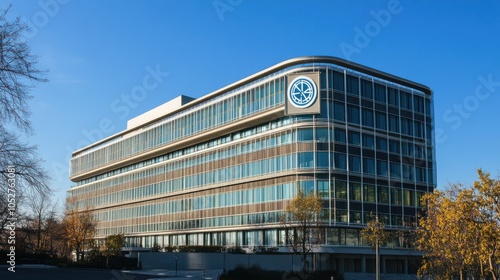 A WHO headquarters building with the organization logo prominently displayed