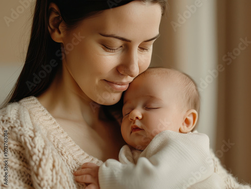 Mother lovingly cradles her sleeping baby, showcasing tender moment of connection and warmth. soft lighting enhances emotional bond between them photo