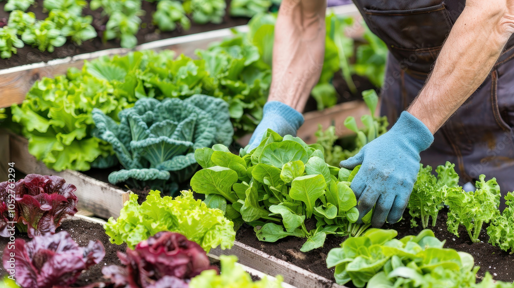 Gardener tending to vibrant vegetable garden, carefully planting fresh greens and leafy vegetables. lush greenery creates serene and productive atmosphere Gardener tending to vibrant vegetable garden, carefully planting fresh greens and leafy vegetables. lush greenery creates serene and productive atmosphere