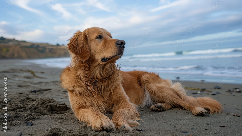 A golden retriever relaxes on a sandy beach, enjoying the serene surroundings. The dog is calm, with the ocean waves and gentle sky in the background. A golden retriever relaxes on a sandy beach, enjoying the serene surroundings. The dog is calm, with the ocean waves and gentle sky in the background.