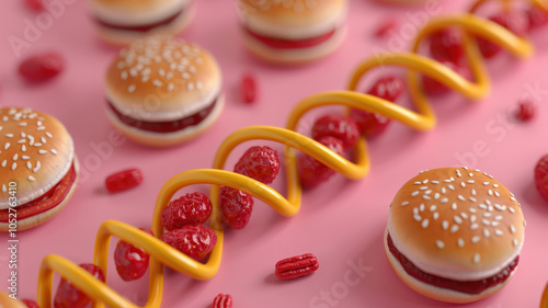 Artistic depiction of FTO gene concept using Candy burgers and DNA strand on pink background, representing obesity and junk food connection. photo