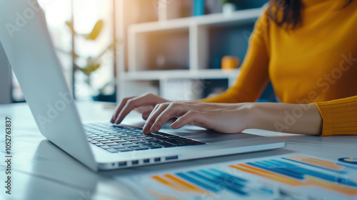 Person typing on laptop in bright, modern workspace, showcasing productivity and focus. warm light enhances inviting atmosphere