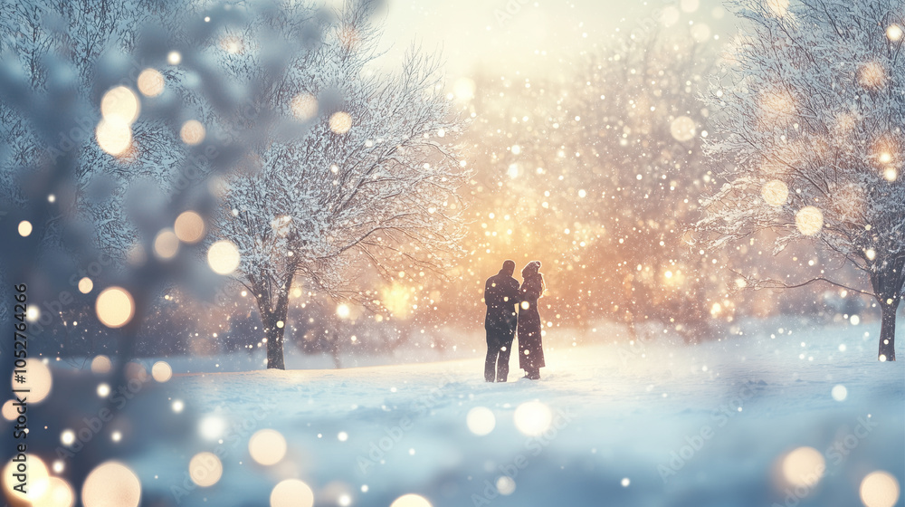 A couple walking, standing, kissing in a snowy park. Christmas lights, snowy trees. Romantic evening couple walking in sparkling shiny snowfal park. Christmas, Happy New Year Celebration Wallpaper. A couple walking, standing, kissing in a snowy park. Christmas lights, snowy trees. Romantic evening couple walking in sparkling shiny snowfal park. Christmas, Happy New Year Celebration Wallpaper.