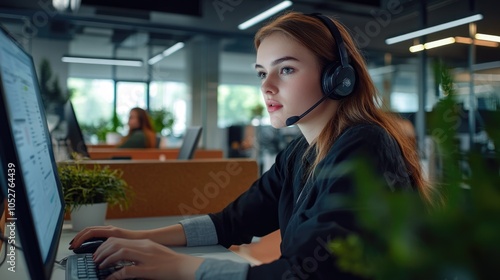 High-resolution photorealistic capture of a young woman in a customer service role, focused on her computer while wearing a headset The polished office, sharp 32k resolution, and vibrant lighting