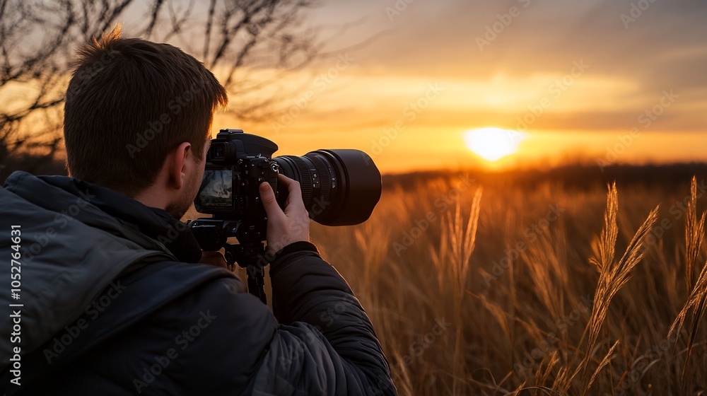 A photographer captures a stunning sunset with a professional camera and lens. A photographer captures a stunning sunset with a professional camera and lens.