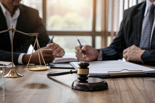 Legal consultation, lawyer and client discussing case details in office