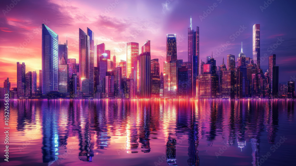Fototapeta premium Vibrant Modern Cityscape at Sunset Reflection