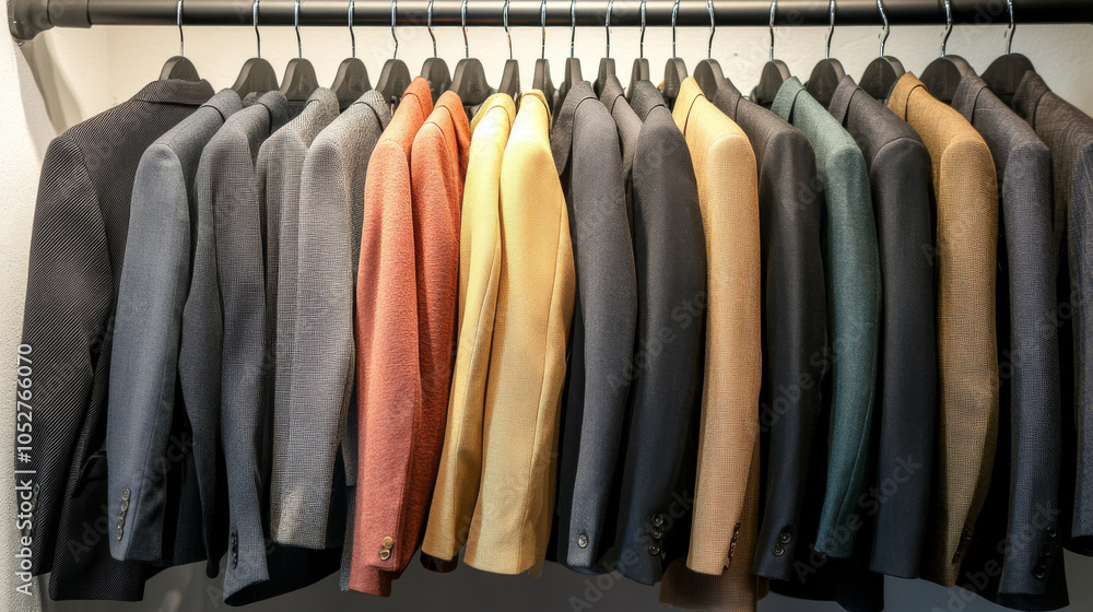 Colorful Suit Jackets Hanging in Closet Colorful Suit Jackets Hanging in Closet