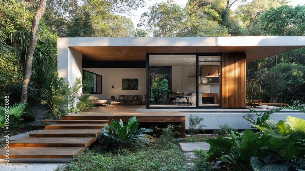 Compact, raised minimalist house with a serene garden backdrop, featuring simple Compact, raised minimalist house with a serene garden backdrop, featuring simple