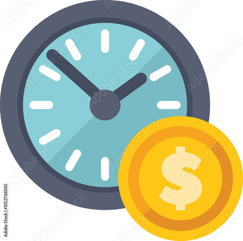 Flat design clock face, telling the time, is sitting next to a gold coin with a dollar sign, showing that time is money