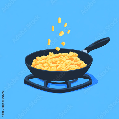 scrambled eggs are fried in a pan