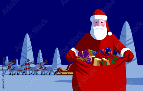 Santa Claus with an open red sack with gifts against a blue winter landscape with a reindeer sled. Christmas and New Year greeting card and billboard design 
in flat style. Vector Illustration
