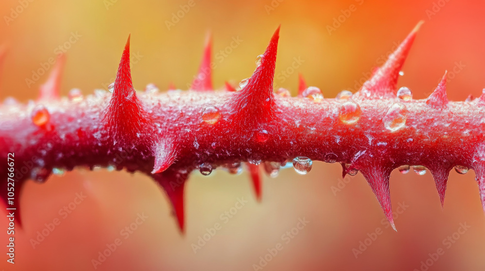 Close-Up of Thorny Red Stem with Water Droplets