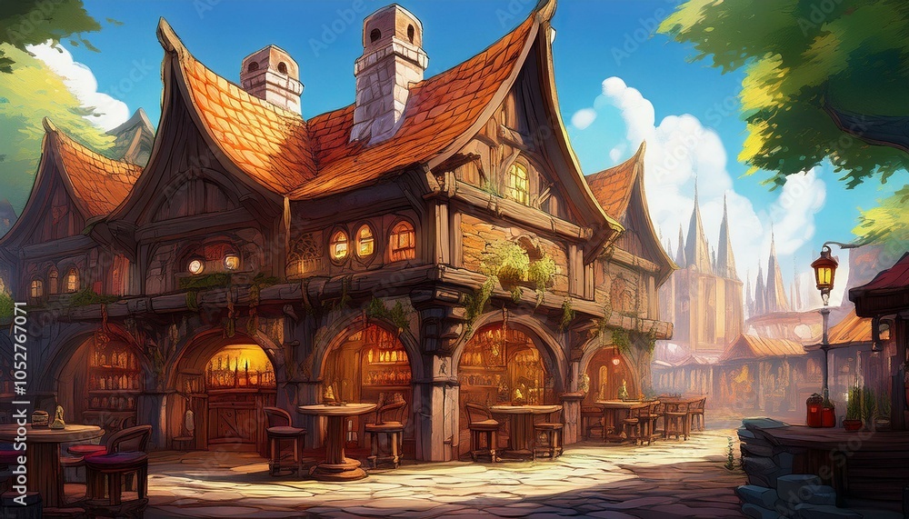 Fototapeta premium DnD Battlemap Tavern Exterior in Fantasy City AI Generate