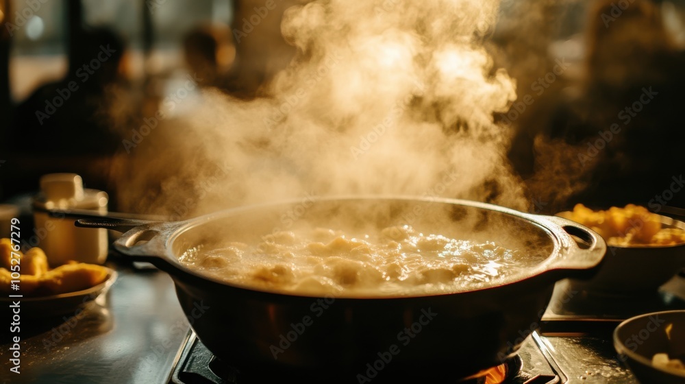 Hotpot bubbling with steam rising, the table bathed in soft, warm light, creating Hotpot bubbling with steam rising, the table bathed in soft, warm light, creating