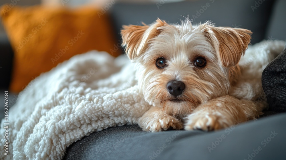 A small dog resting on a cozy blanket on a couch. A small dog resting on a cozy blanket on a couch.