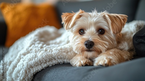 A small dog resting on a cozy blanket on a couch.