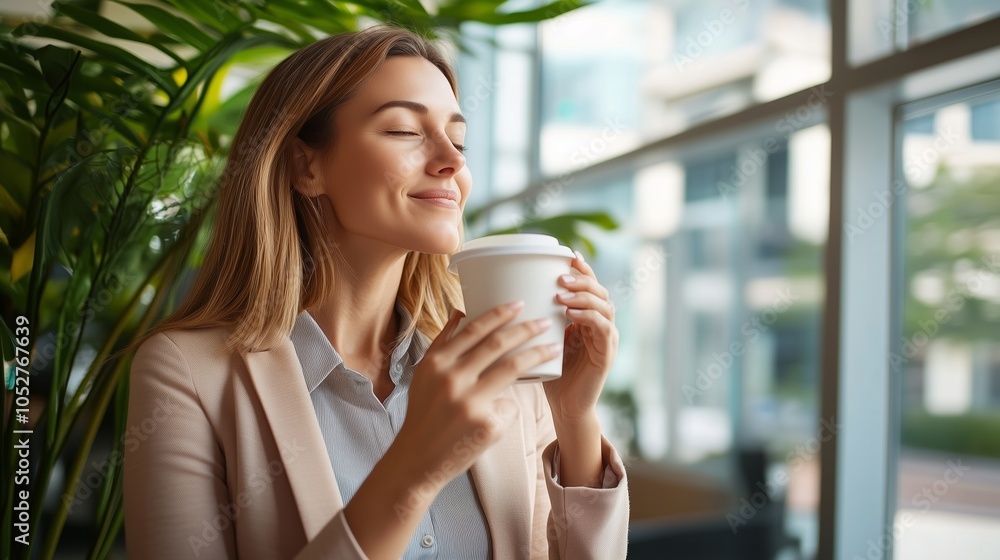 Young woman enjoying a warm beverage while relaxing in a bright café surrounded by lush greenery during the daytime Young woman enjoying a warm beverage while relaxing in a bright café surrounded by lush greenery during the daytime