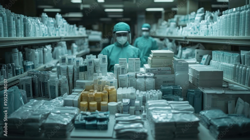 Obraz premium Two Workers in Protective Gear Standing in Front of Shelves Full of Products in a Warehouse
