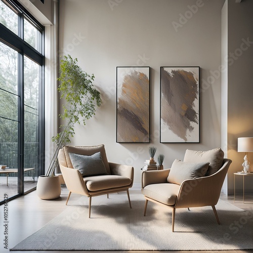 Modern organic wabi sabi Japandi boho neutral beige brown tan aesthetics sitting area brown mid-century chairs, pottery, abstract wall art, large window, green, rust, tan accessories, palms photo