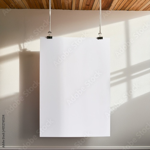 Paper Poster product mock-up in front of a white wall hanging from a wood ceiling using string and black metal paper clamps or clips with shadows cast from a paned glass window.
