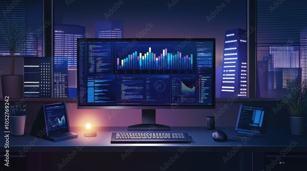 Professional office computer setup with a large display, customized for business tasks, Professional office computer setup with a large display, customized for business tasks,