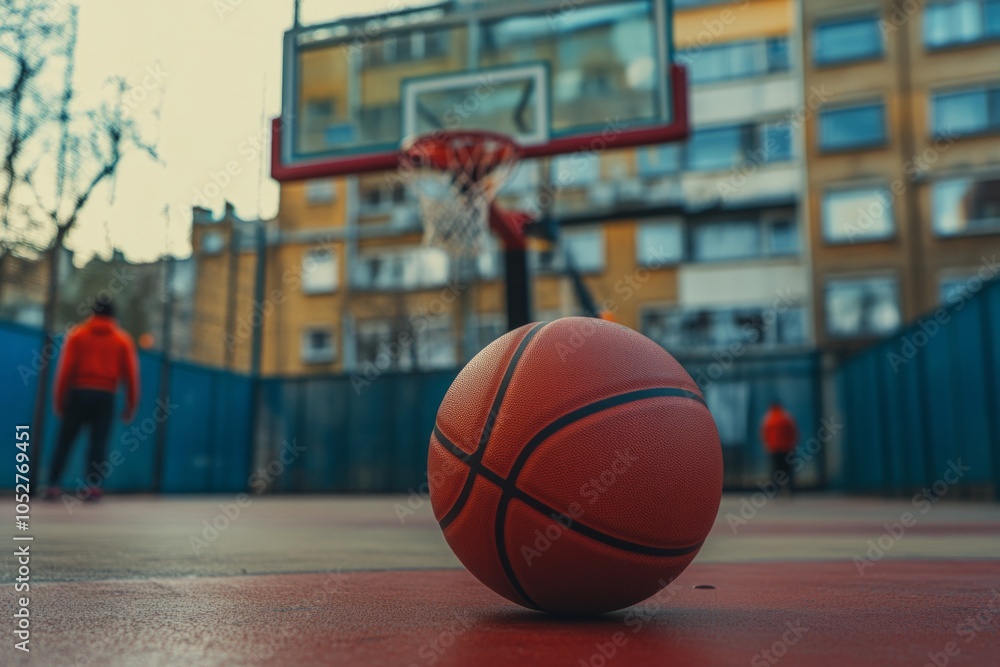 A basketball rests on the court in a vibrant urban setting. The hoop stands tall against the backdrop of city buildings. This moment captures the essence of street sports. Generative AI A basketball rests on the court in a vibrant urban setting. The hoop stands tall against the backdrop of city buildings. This moment captures the essence of street sports. Generative AI