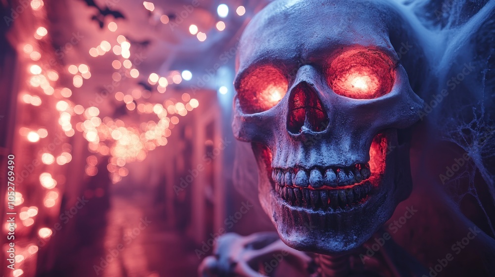 A spooky hallway with a glowing skull and festive lights. A spooky hallway with a glowing skull and festive lights.