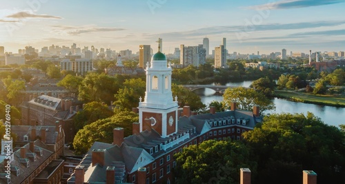 View from Harvard University campus over the Charles River at sunrise. Cambridge, Massachusetts, United States.