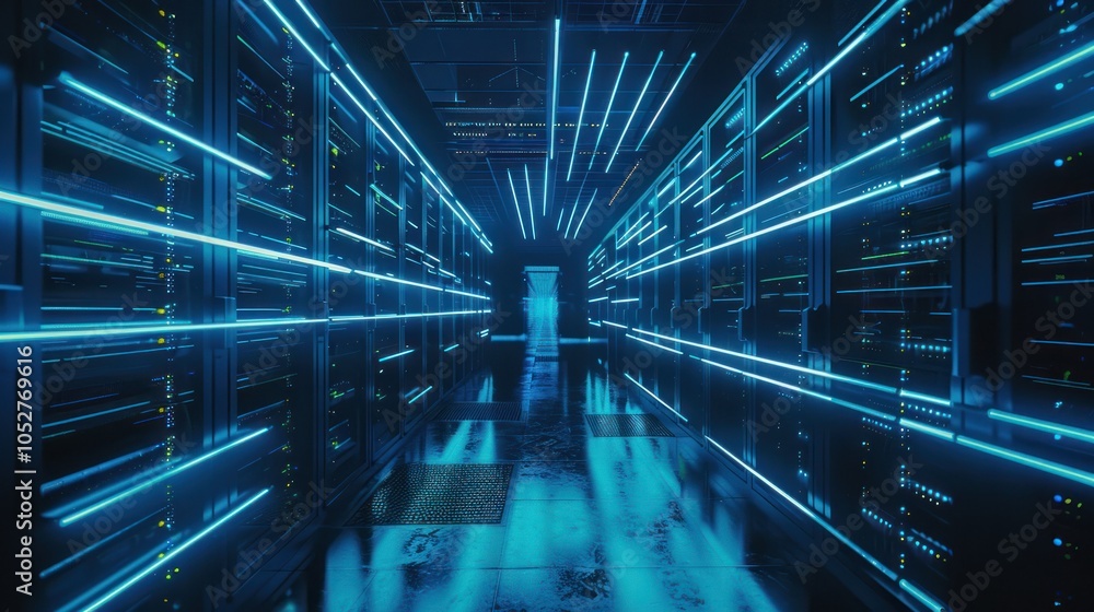 Blue Neon Lights illuminate Server Room Blue Neon Lights illuminate Server Room
