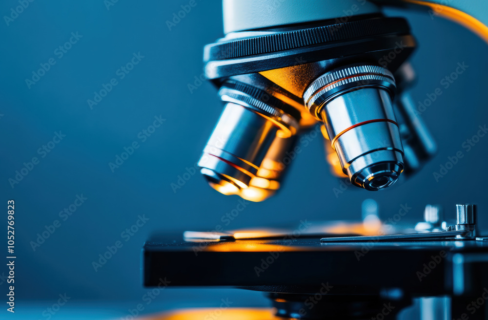 Close up of a microscope in a research lab, ideal for scientific data analysis in medical and chemistry fields. Close up of a microscope in a research lab, ideal for scientific data analysis in medical and chemistry fields.