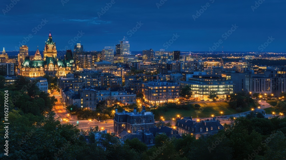 Obraz premium The capital city night-time panorama, featuring a blend of historical landmarks