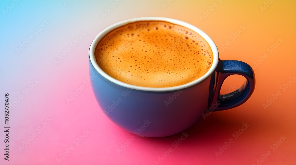 Elegant cup of coffee with frothy crema, set against a bold color gradient background, vibrant and modern design Elegant cup of coffee with frothy crema, set against a bold color gradient background, vibrant and modern design