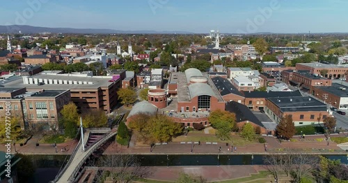 Carroll Creek Park River Walk in Downtown Frederick MD, Aerial Drone Shot