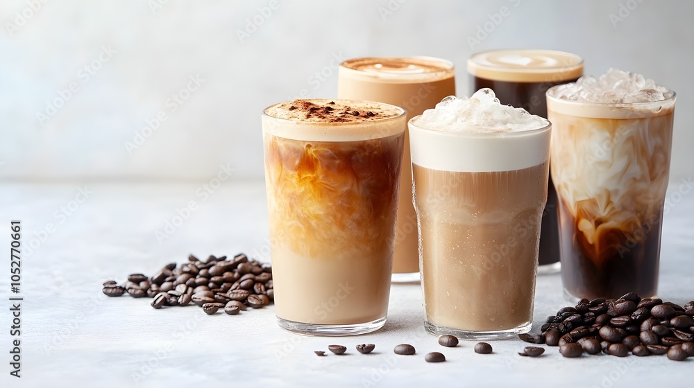 Modern coffee drink selection with cappuccinos, iced coffee, and espresso, neatly arranged on a white background with space for text, ideal for promotional materials Modern coffee drink selection with cappuccinos, iced coffee, and espresso, neatly arranged on a white background with space for text, ideal for promotional materials
